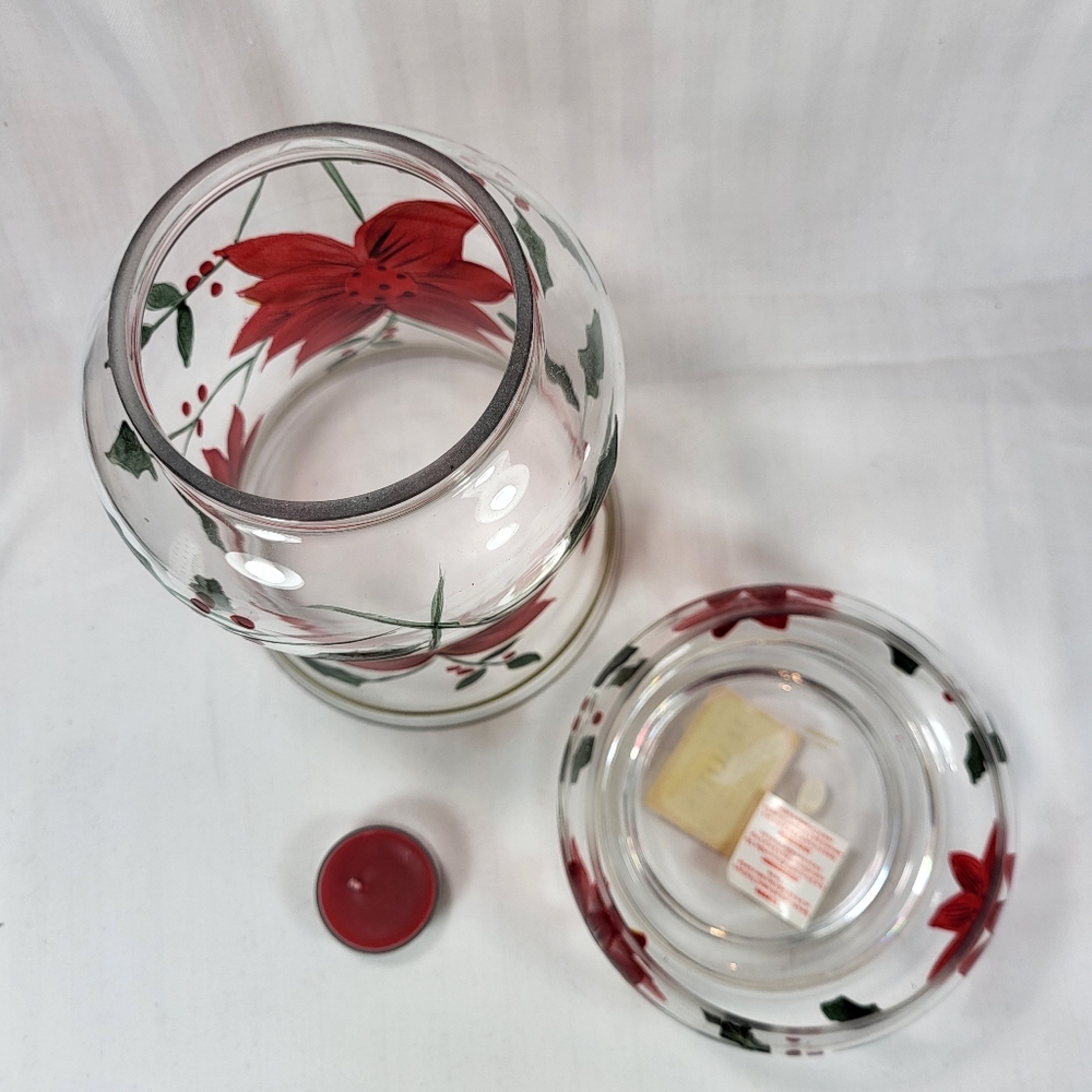 Celebrations Poinsettia Hurricane Candle Holder Glass 10" Christmas 2pc with Box - Picture 11 of 16